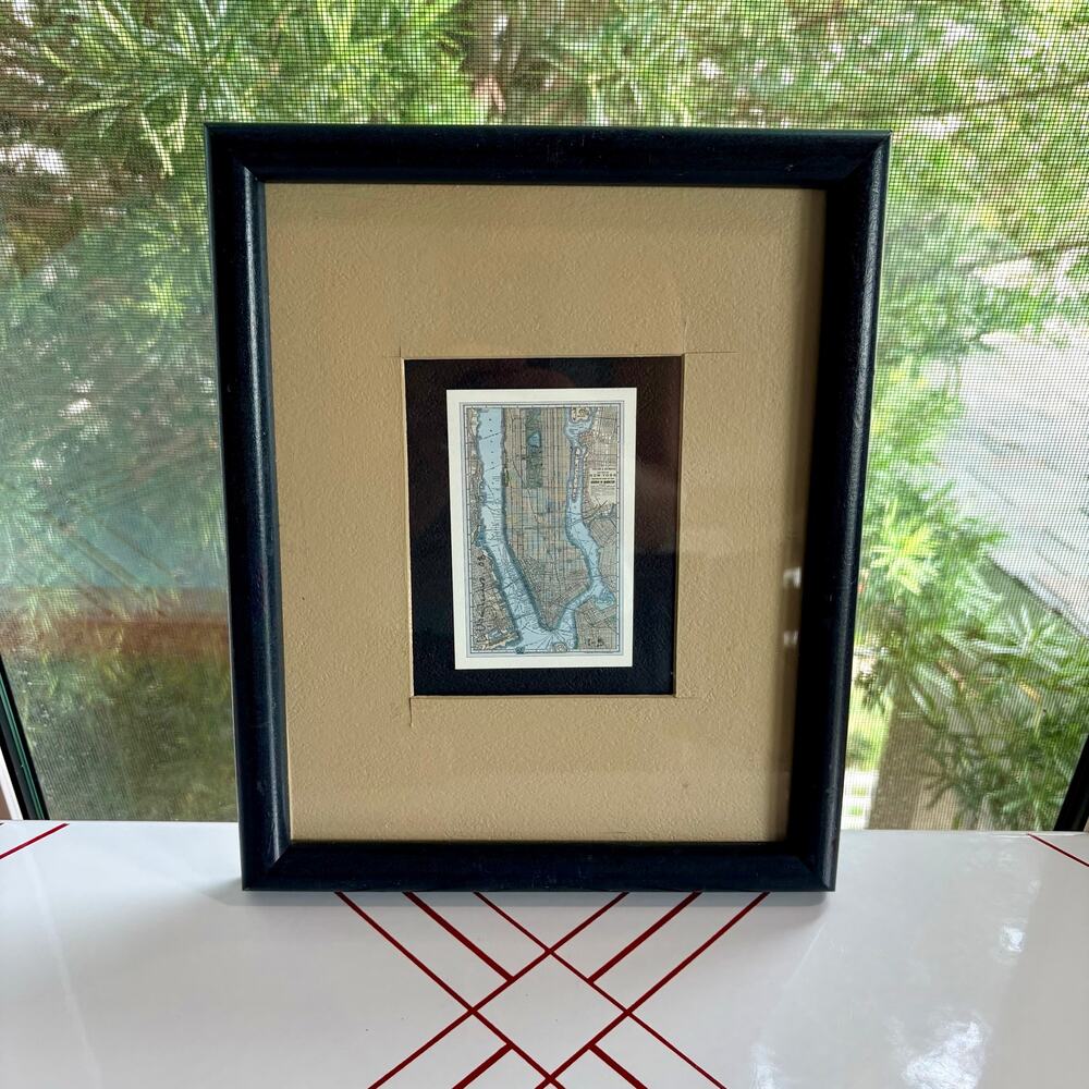 Vintage New York City Manhattan Map Framed Print Black & Tan 11"